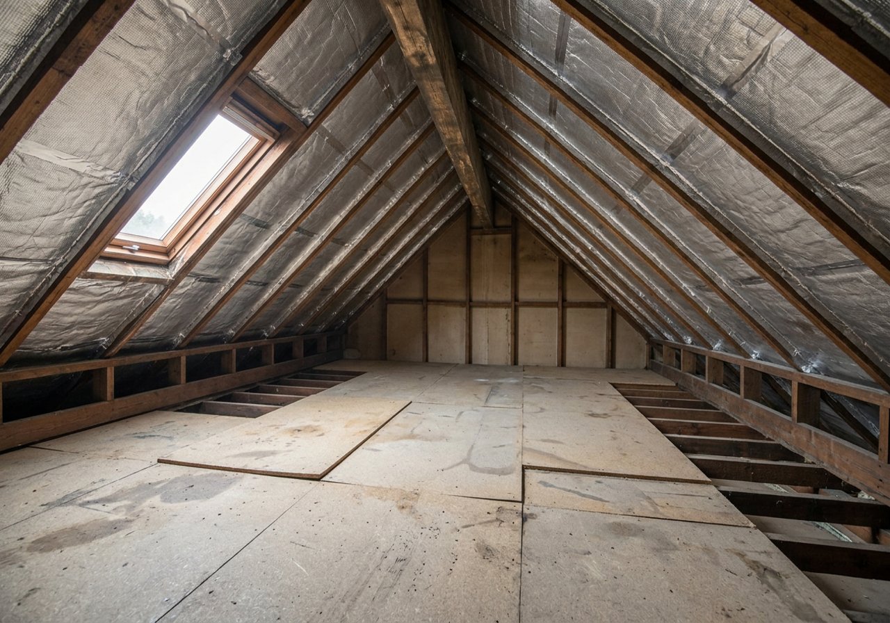 After: bright loft with foil insulation fitted to the rafters