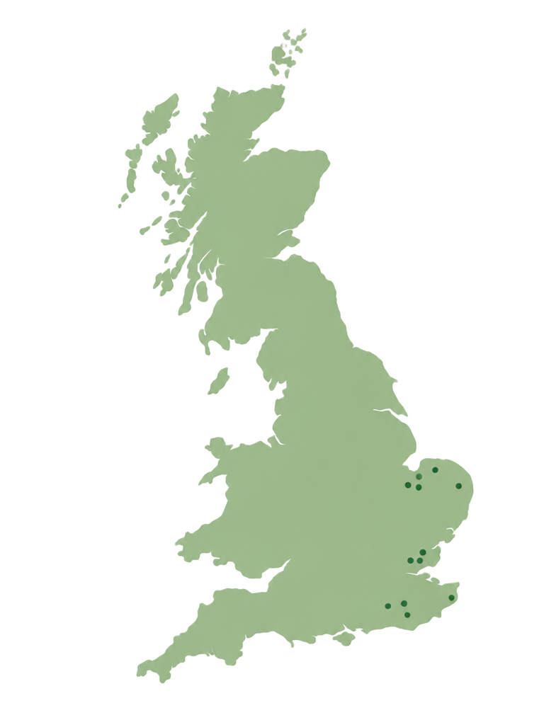 Map of the UK showing areas we regularly work in